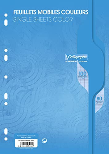 Calligraphe 7962C Un Paquet de Feuillets Mobiles Perforés Bleus sous Film (une Marque de Clairefontaine) - A4 21x29,7 cm - 100 Pages Grands Carreaux - Papier 80 g