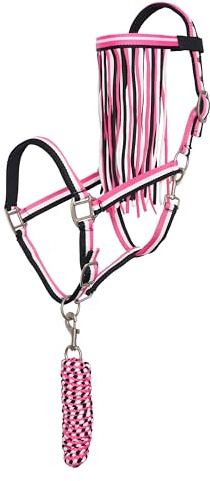 Imperial Riding Halfter-Set mit Anbindestrick & Fliegenfransen – Robustes Nylonhalfter mit Schnalle, Klettverschluss & Snap-Haken, komfortabel & pflegeleicht, Neon Pink, Full