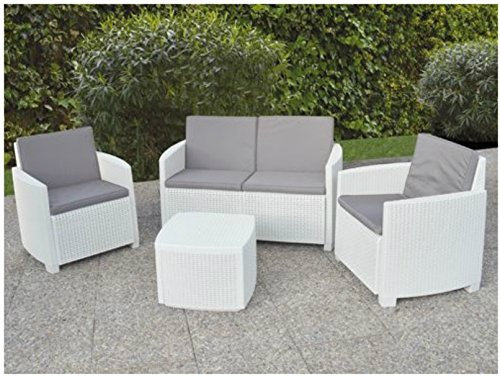 Salón de resina SIMILRATTAN Color Blanco Mod. Nenúfar Juego 4 Unidades con almohadas