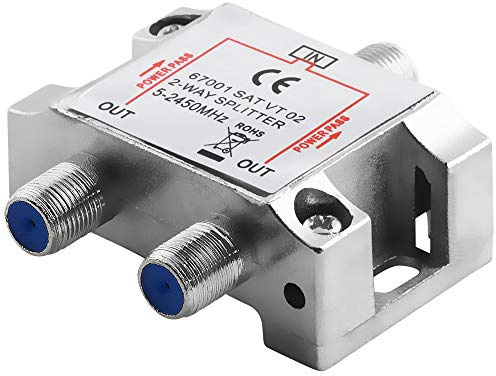 2fach Sat LNB Verteiler Splitter Weiche, 1 F-Buchse Kupplung weiblich IN, 2 F-Buchse Kupplung weiblich Out, 5-2500MHz 100dB, geeignet für 3D SD HD FullHD UHD 4K, Metallausführung