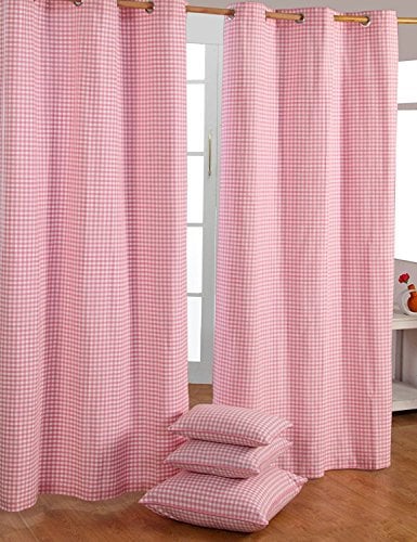 Homescapes handgewobener Vorhang Ösenvorhang Dekoschal Gingham im 2er Set, 137 x 228 cm, 100% Reine Baumwolle, rosa weiß kariert