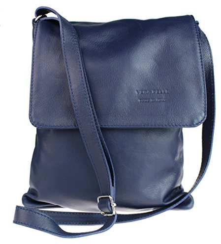 Girly Handbags Damen Italienische Weiche Leder UmhŠngetasche Messenger Bag Vera Pelle Schultertasche mit Klappe und Rei¤verschluss Marine