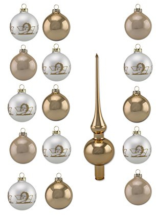 Thüringer Glas Design A016-2356-2200 16 teilig Glas-Sortiment, 8 Kugeln 6 cm Uni, 7 Kugeln 6 cm deko, 1 Spitze 23,5 cm, Dekor Engel Raphael, Diamonds, 4-farbig