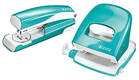 Esselte Leitz Locher NeXXt 5008 und Heftgerät NeXXt 5502 im Set (Set: Locher Heftgerät, eisblau metallic, 1)