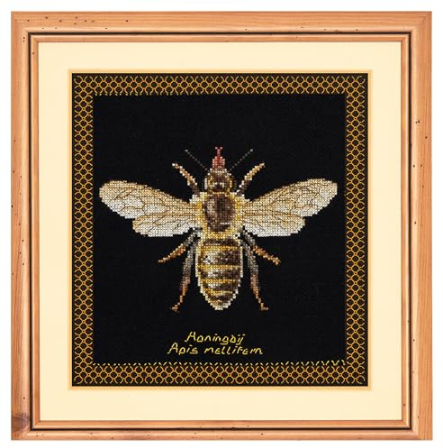 Thea Gouverneur Honey Bee Cross Stitch Kit - 16 Count Aida Black - Complete Embroidery Kit for Adults - Includes DMC Threads. Needle. and Instructions - Premium Cross Stitch Supplies - 3017.05