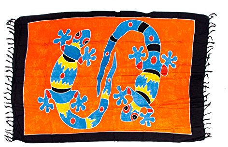 Kascha Sarong Pareo Wickelrock Strandtuch Tuch Wickeltuch Handtuch - Blickdicht - ca. 170cm x 110cm - Rot Orange Bunt Batik mit Gecko Motiv Handgefertigt inkl. Kokos Schnalle in Rauteform