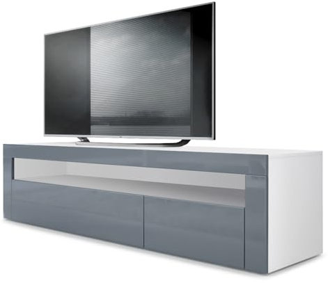 Vladon Lowboard Valencia, Made in Germany, TV-Kommode mit 1 offenem Fach und 2 Klappen, Weiß matt/Grau Hochglanz/Grau Hochglanz (155 x 46 x 40 cm)