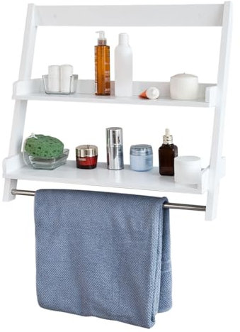 SoBuy® FRG117-W, White Wall Mounted Shelf, Storage Display Ladder Shelf, Bathroom Shelf, 2 Shelves + 1 Hanging Rail