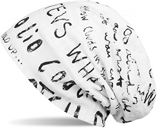 styleBREAKER Beanie Mütze mit Schrift Muster im Destroyed Vintage Design, Slouch Longbeanie, Unisex 04024074, Farbe:Weiß