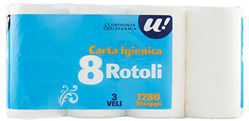U! Confronta&Risparmia Carta Igienica, 3 Veli, Confezione da 8 Pezzi