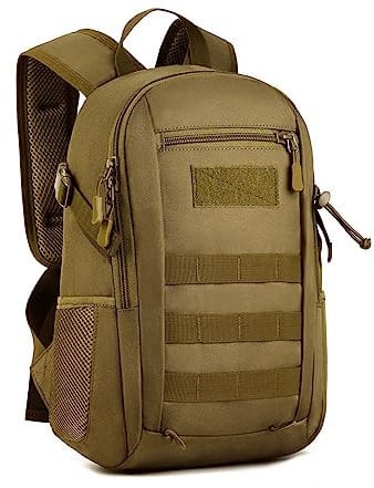 HUNTVP 12L Mini Rucksack Taktisch Wanderrucksack Molle Schultasche Wasserdicht Daypack Militärisch Schulrucksack Studenttasche Unitasche Sporttasche für Herren Damen Outdoor Sport (12L-Braun)