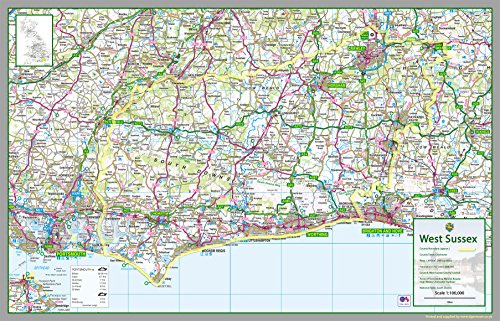 West Sussex - UK County Map Paper Laminated - 63 x 98 cm | Detailed Laminated Wall Map, Ideal For Home, Office Or Classroom Display.