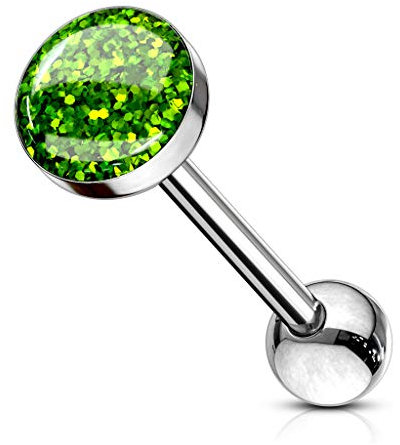 Paula & Fritz® Zungen-Piercing Barbell 16mm lang Chirurgenstahl Glitter Epoxy Dome grün
