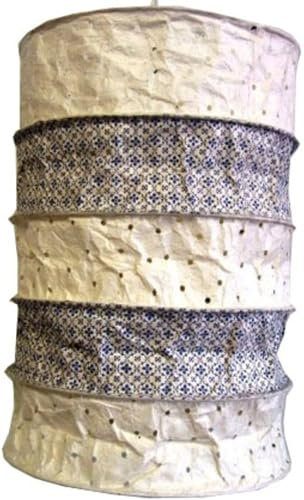 GURU SHOP Runde Boho Papier Hängelampe, Lokta Papierlampenschirm Everest, Handgeschöpftes Papier - Weiß/blau, 40x28x28 cm