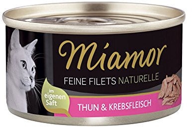 MIAMOR - Feine Filets Naturelle | Nassfutter für ausgewachsene Katzen mit Filetstückchen im eigenen Saft. Fettarmes Ergänzungsfutter in der Dose ohne künstliche Zusätze | 24x80g Thunfisch & Krebs