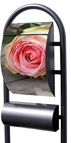 Banjado® Stand Briefkasten in Hammerschlag-Optik in Größe 150x47x22cm mit Motiv Rosa Rose - Briefkasten mit Standfuß/Postkasten freistehend als Standbriefkasten mit Zeitungsfach