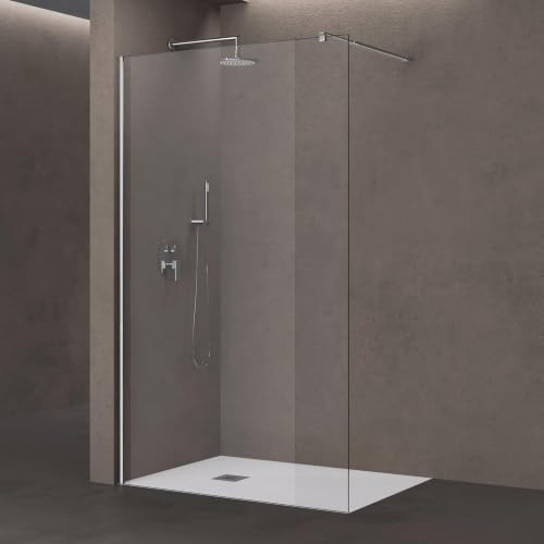doporro Parete Doccia Walk-In 110x200 cm Senza Porta con Barra Telescopica | Vetro Temperato Trasparente 8 mm, Profilo Cromato 0-15 mm, Supporto Inox 70-120 cm, Montaggio Reversibile Destra/Sinistra