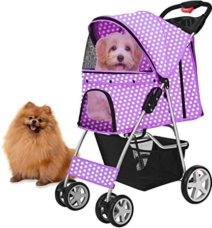 Flexzion Hundebuggy, Hundewagen, Pet Stroller Haustierwagen, Katzenbuggy, Katzenwagen, Faltbar Haustiere Buggy mit Netzfenstern & Getränkehalter für Kleine Haustiere mit 4 Rädern - Tupfen Violett