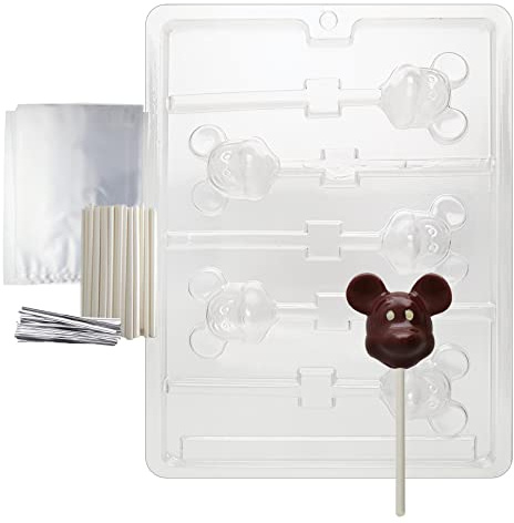 Cybrtrayd 45StK25S-A022 Mouse Lolly (Mickey) Chocolate Candy Mold with Lollipop Supply Kit, 25 Lollipop Sticks, 25 Cello Bags and 25 Silver Metallic Twist Ties