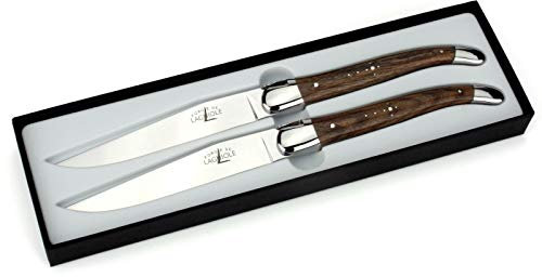 Forge de Laguiole - Set zwei Steakmesser aus Frankreich - Griff Nussbaumholz - Französische Tafel-Messer - Stahl hochglanz