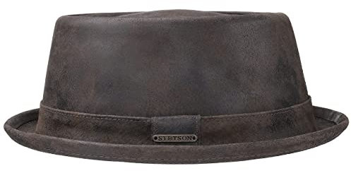Stetson Pennsylvania Pigskin Leder Porkpie Hut Herren - Lederhut aus Schweinsleder - Gefütterter Pork Pie (Baumwolle) - Fedora im Used-Look Sommer/Winter - Robuster Herrenhut braun S (54-55 cm)