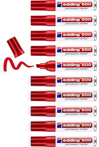 edding E-500 – Set di 10 pennarelli indelebili con punta a scalpello, 2 A 7 mm rosso