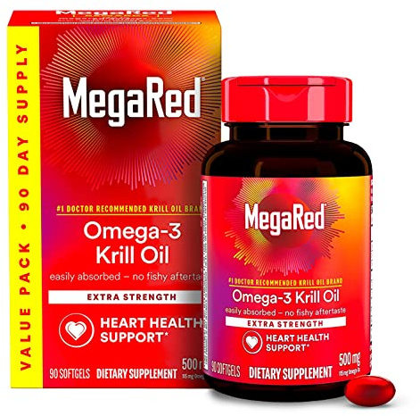MegaRed Antarctic Krill Oil 500mg Omega 3 Fatty Acid Supplement, Extra Strength EPA & DHA Krill Oil Softgels (90cnt Box), Astaxanthin, Heart Health Supplement with No Fish Oil Aftertaste