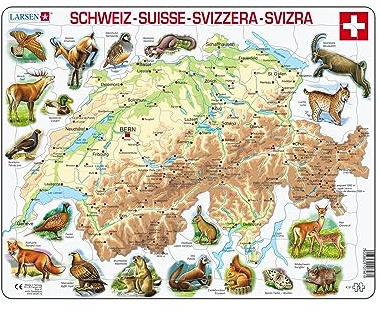 Larsen Puzzles K51 Schweiz Physische Karte Tiere Rahmenpuzzle Mehrsprachig Deutsch/Französisch 75 Teile Lernspielzeug Geografie Konzentration fördern