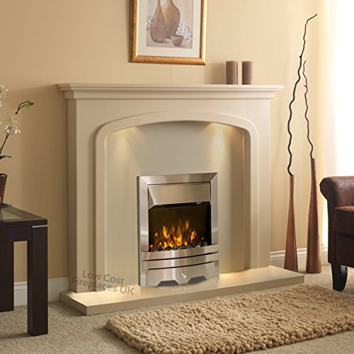 Electric Cream Beige Stone Effect Silver Coal Pebble 2KW Flame Fire Wall Surround LED Fireplace Big Suite Lights Downlights Large 54
