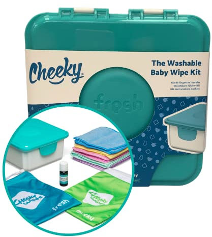 Cheeky Wipes Reusable Hands & Face Kit – 25 Washable Rainbow Micro Fibre Baby Wipes, 15x15cm, Fresh Wipes Storage Container, Fresh Travel Bag & Mucky Wipes Bag, Includes Fresh Essential Oil Baby Wipes Soaking Solution (10ml)