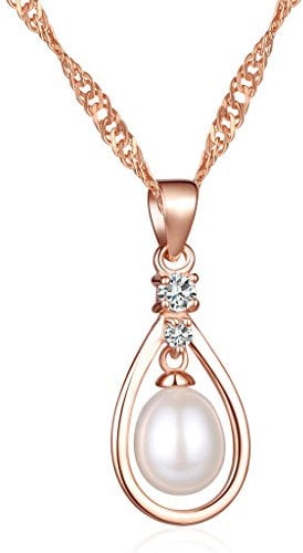 Unendlich U Fashion Träne des Engels Damen Halskette 925 Sterling Silber Zirkonia 7mm Perle Tropfen-Form Anhänger Kettenanhänger, Rosegold