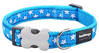 Red Dingo Bucklebone Dog Collar Design, Stars White on Turquoise, Large 25mm