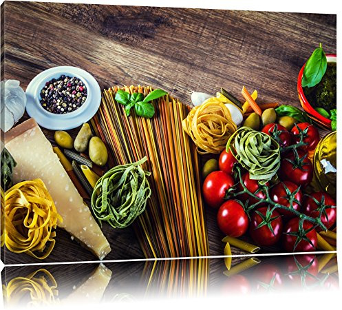 Pixxprint Pasta Italia mit frischen Tomaten und Gewürzen, Größe: 80x60cm, Leinwandbild, fertig gespannt, Wandbild, Dekoration, Kunstdruck, kein Poster