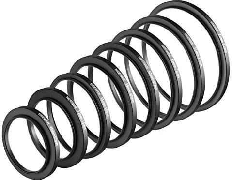 Neewer® 8 Stück Step-up-Adapter-Ring Set Aus hochwertigem eloxiertem Aluminium, beinhaltet: 49-52mm, 52-55mm, 55-58mm, 58-62mm, 62-67mm, 67-72mm, 72-77mm, 77-82mm- -Schwarz