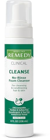 Medline Remedy Clinical No-Rinse Foam Cleanser, Vanilla Scent (8 fl oz), No Rinse Shampoo and Body Cleanser for Sensitive Skin, Hydrating, Paraben and Sulfate Free, For Face, Body, and Hair, All Ages