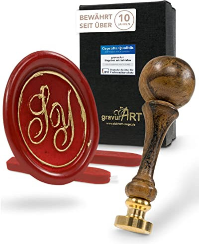 gravurART personalisierter Siegel-Stempel d20mm mit Initialen, 2 Buchstaben in Schreibschrift, 2 Stangen Siegelwachs für nostalgische Wachssiegel