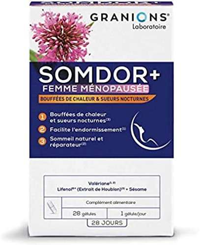 GRANIONS SOMDOR+ FEMME MÉNOPAUSÉE, Bouffées de chaleur & sueurs nocturnes, Changement Hormonal, Valériane, Lifenol* (Extrait de Houblon), Sésame X, Fabriqué en France, 28 gélules