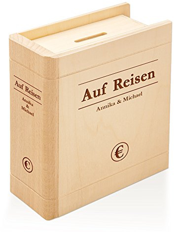 Spardose Buch aus Holz mit Gravur – Auf Reisen – Personalisiert mit Namen - Sparbuch als originelles Geschenk für Urlaubsgeld - Geldgeschenk-Sparbüchse aus Ahornholz – Urlaubskasse für Flitterwochen