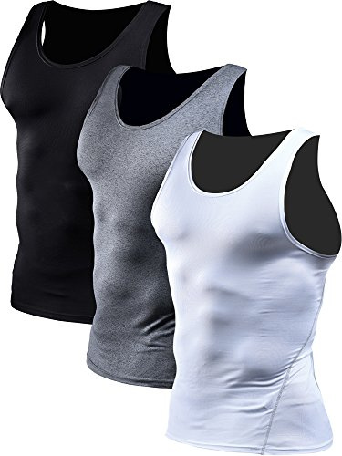 NELEUS Men's 3 Pack Athletic Compression Under Base Layer Sport Tank Top,01,Black,Grey,White,L,EUR XL