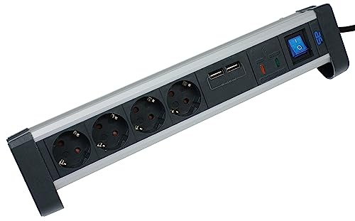 as – Schwabe 4-Fach Tischsteckdose ALUX schwarz - Mehrfachstecker für Tisch und Arbeitsplatte - 1,5 m Leitung - Überspannungsschutz - stabiles Aluminiumgehäuse - beleuchteter Schalter - IP20, 18361
