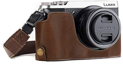 MegaGear MG973 Etui avec Bandoulière/Accès Batterie en Cuir pour Appareil Photo Panasonic Lumix DMC-GX85/GX80 Marron foncé