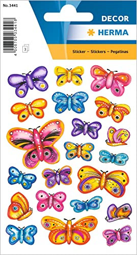 HERMA 3441 Aufkleber Schmetterlinge Bunt klein mini, 63 Stück, Schmetterling Sticker in blau lila rosa gelb, Butterfly Etiketten für Fotoalbum Tagebuch Poesiealbum Scrapbooking Dekoration Briefe DIY