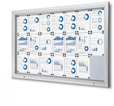Schaukasten 21x DIN A4 | wetterfest für außen outdoor IP56 | Brandschutz-Zertifikat B1 für innen | ESG-Sicherheitsglas | magnetisch, abschließbar | Wand-Montage | silber | für Schule, Behörde, Büro