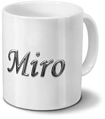 printplanet Tasse mit Namen Miro - Motiv Chrom-Schriftzug - Namenstasse, Kaffeebecher, Mug, Becher, Kaffeetasse - Farbe Weiß