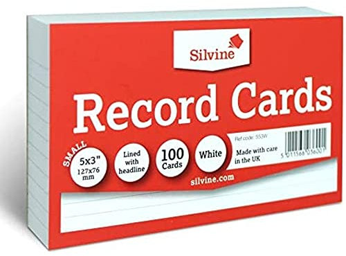 Silvine 5x3 Record Cards - Lined with headline, 100 cards per pack. Ref 553W (127 x 76mm)
