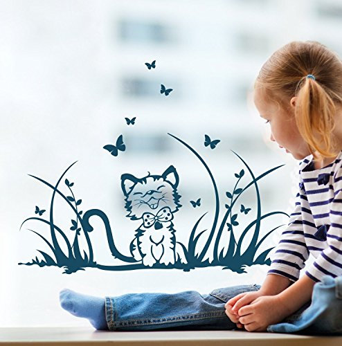 ilka parey wandtattoo-welt® Fensterbilder Kinder Frühling Kinderzimmer Katze Kätzchen Wiese Schmetterlinge M1369f