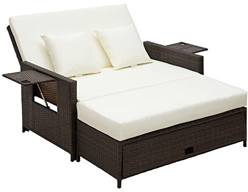 Outsunny Rattan Garden Daybed, Assembled Double Sun Lounger with 5-Level Adjustable Back, Storage Ottoman, Cushions, Pillows and Retractable Trays, Outdoor Loveseat Sofa Bed for Patio, Brown
