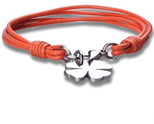 Feilok Fashion Unisex Leder Geflochtene Vier Blatt Klees Armband/Armreif, aus Edelstahl, Orange