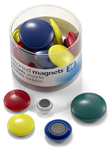 Officemate - Magneti rotondi con rivestimento in plastica, resistenti e di lunga durata, per scuola, ufficio, frigorifero, lavagna, cucina, bacheca, 5 colori assortiti (confezione da 30)