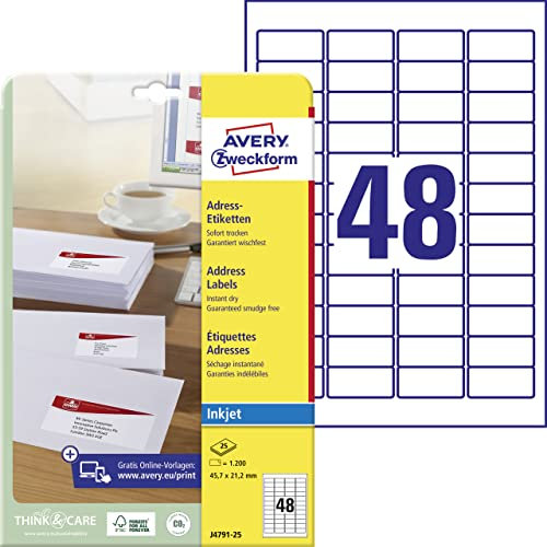 AVERY Zweckform J4791-25 Adressetiketten/Adressaufkleber (1.200 Etiketten, 45,7x21,2mm auf A4, bedruckbar, selbstklebend, für Absenderetiketten, Papier matt, Inkjet-Drucker) 25 Blatt, weiß